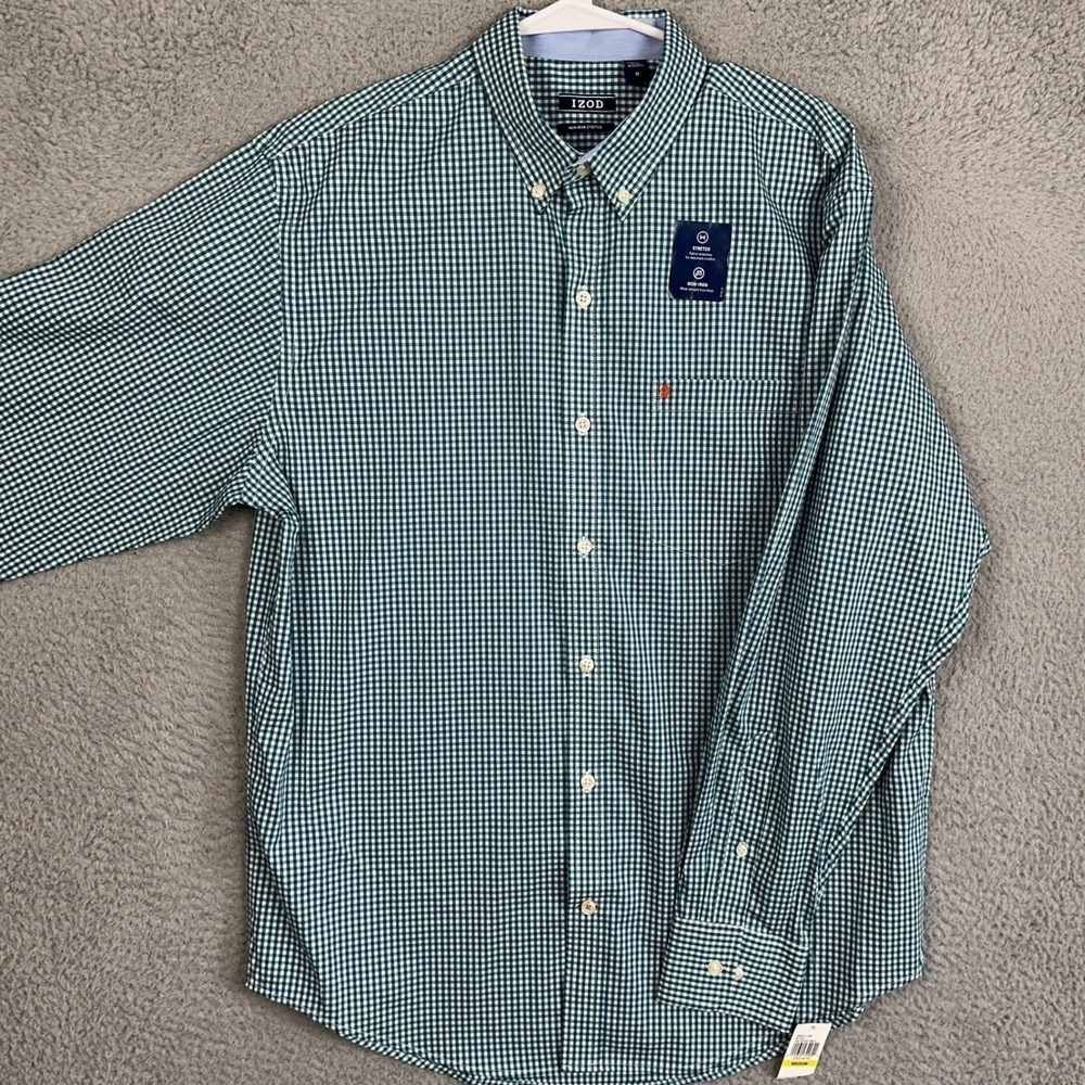 NEW IZOD Shirt Men Medium Green White Button Down Gingham Check Non Iron Stretch